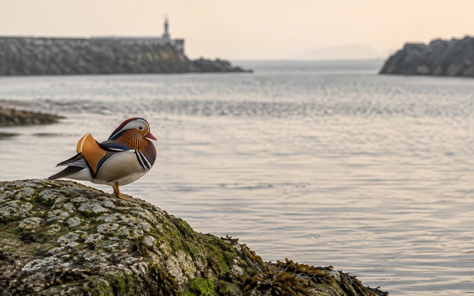 A male mandarin duck stands on a moss-covered rock at the edge of a calm inlet, with a softly blurred stone breakwater and open water behind it beneath a pale…
