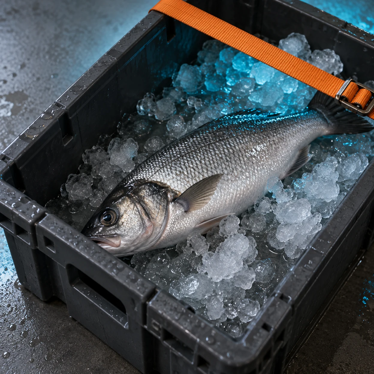 An entire silver fish lies on crushed ice inside a dark grey plastic crate, with an orange cargo strap crossing above it and a buckle near the right edge.
