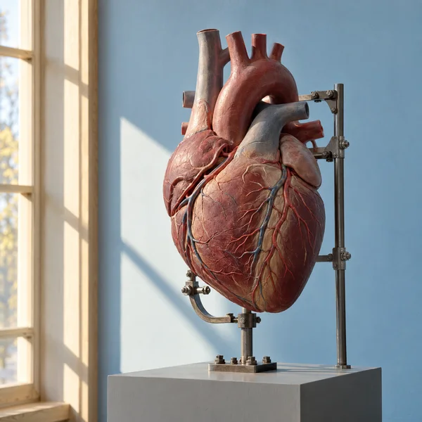 A detailed anatomical heart teaching model is mounted on exposed steel supports above a plain plinth, against a pale-blue wall beside a tall wood-framed window.