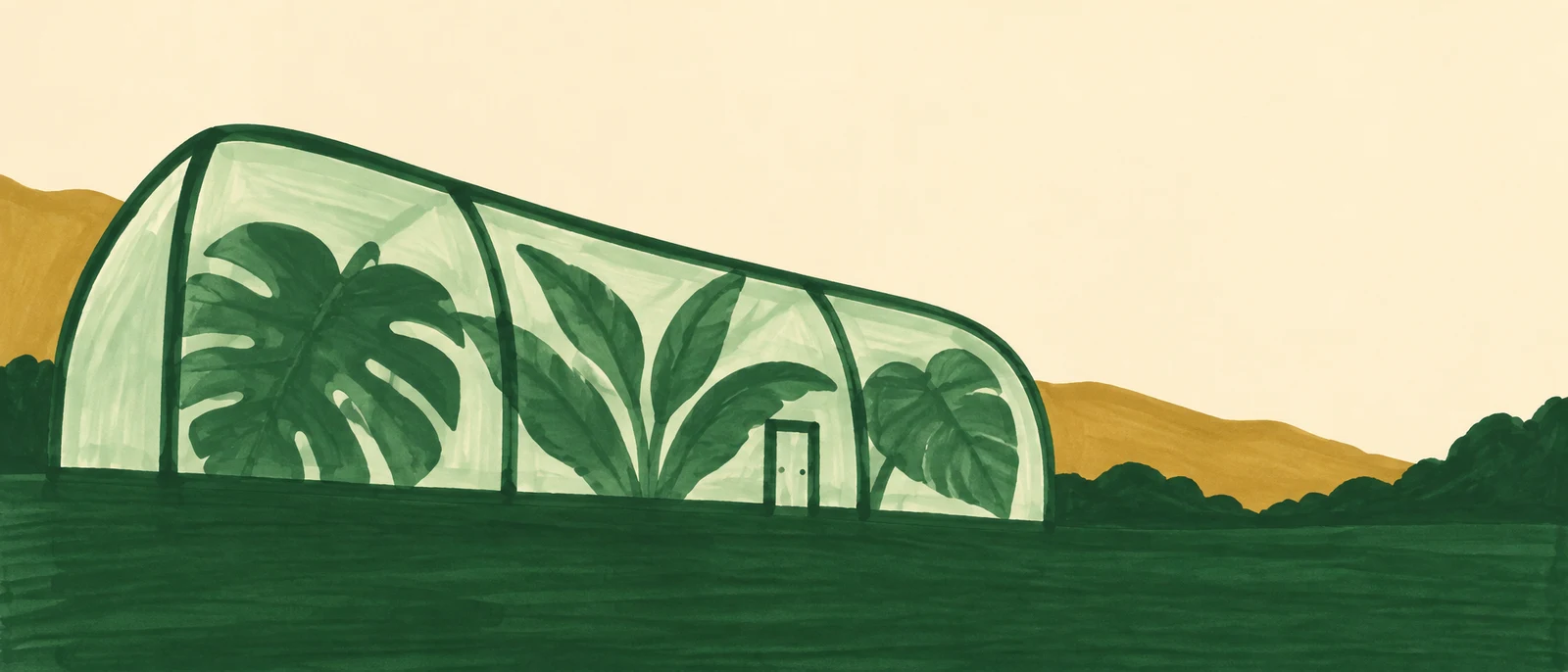 A long, arched mint greenhouse with three large dark-green leafy plants sits in front of ochre hills and dark-green ground, beneath a warm cream sky.