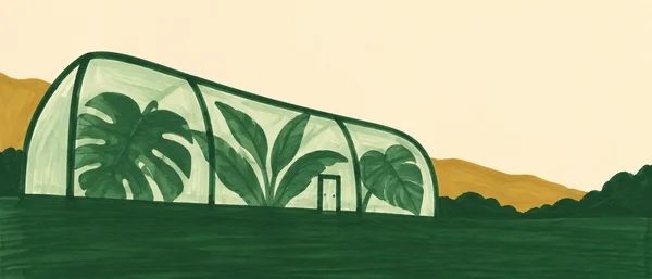 A long, arched mint greenhouse with three large dark-green leafy plants sits in front of ochre hills and dark-green ground, beneath a warm cream sky.