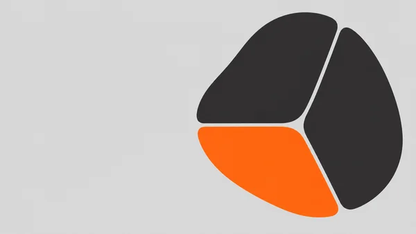 Three rounded modules—two charcoal and one orange—form a large segmented pebble-like shape on the right side of a pale grey landscape canvas, leaving the left…