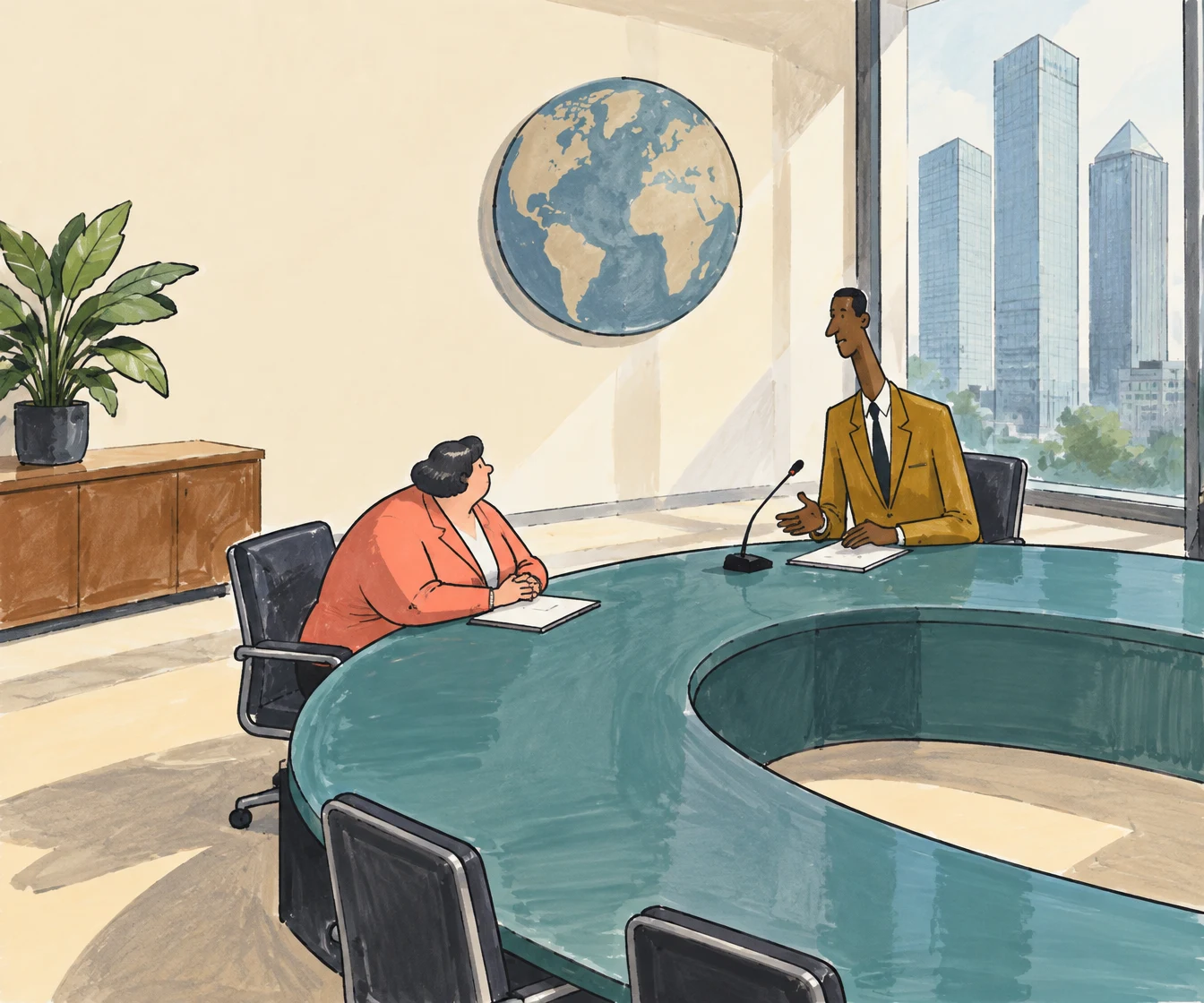 Two delegates sit across a large teal horseshoe-shaped conference table in a bright room.