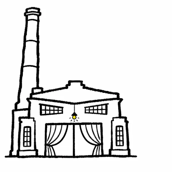 A squat, cartoon-like industrial building with a tall crooked chimney, narrowed gridded windows, outlined theatre curtains at the entrance, and a small yellow…