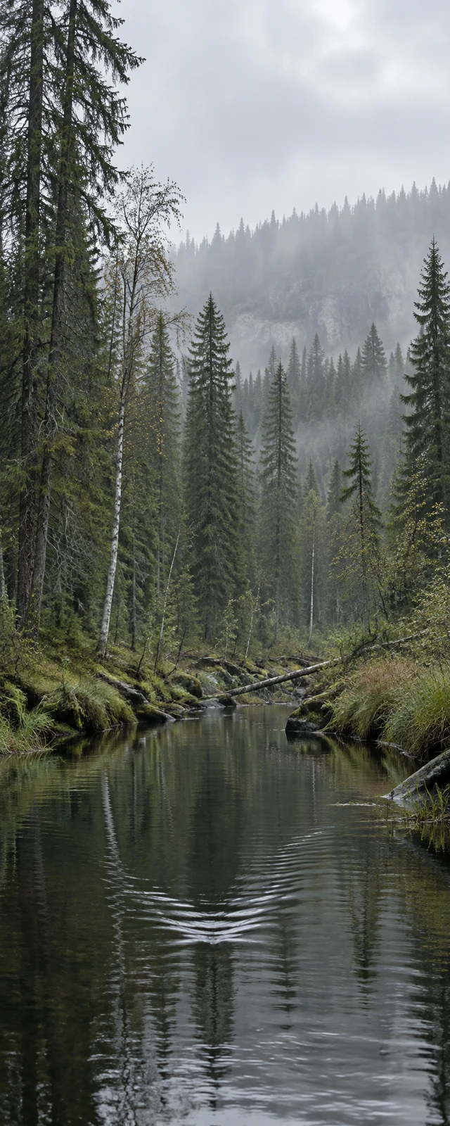 A narrow dark channel runs through a misty spruce forest, bordered by moss, grasses and fallen branches, with pale birch trunks and a pronounced V-shaped…