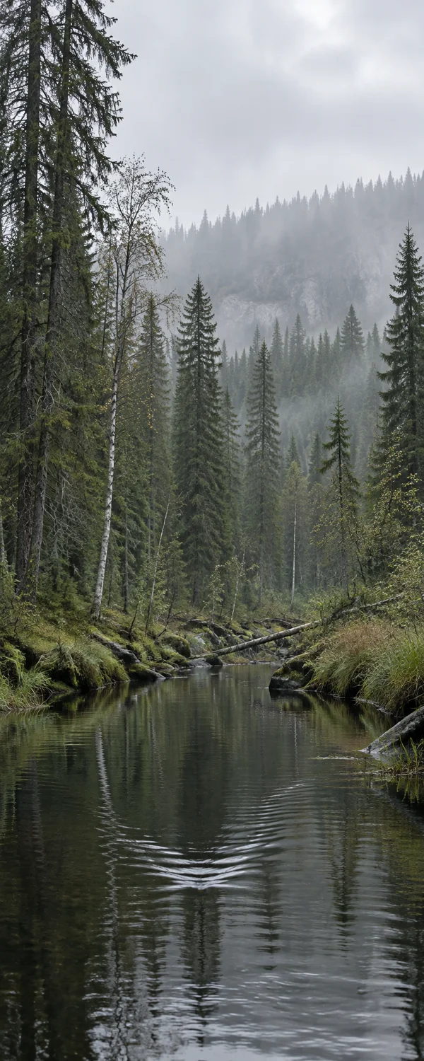 A narrow dark channel runs through a misty spruce forest, bordered by moss, grasses and fallen branches, with pale birch trunks and a pronounced V-shaped…