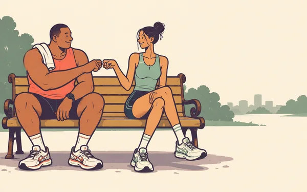 Two adult runners sit on a wooden park bench and touch fists, with leafy trees, a distant skyline and water behind them.