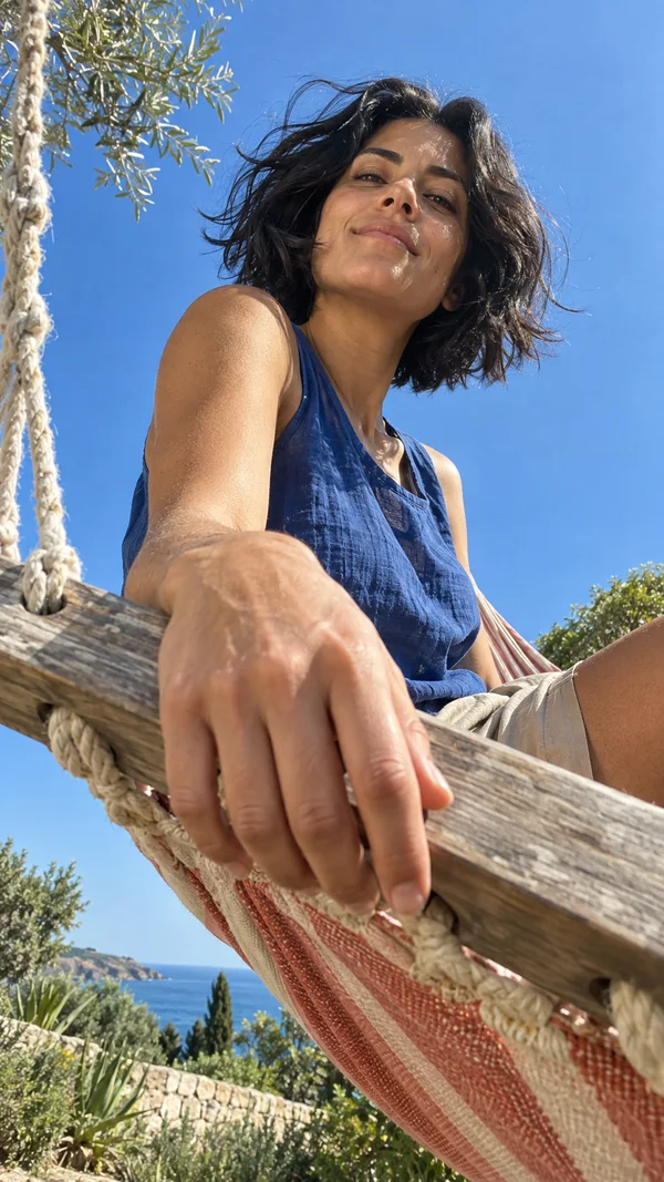 A woman in a cobalt sleeveless top and sand-coloured shorts reclines in a coral-and-cream hammock, viewed from below the weathered wooden bar.