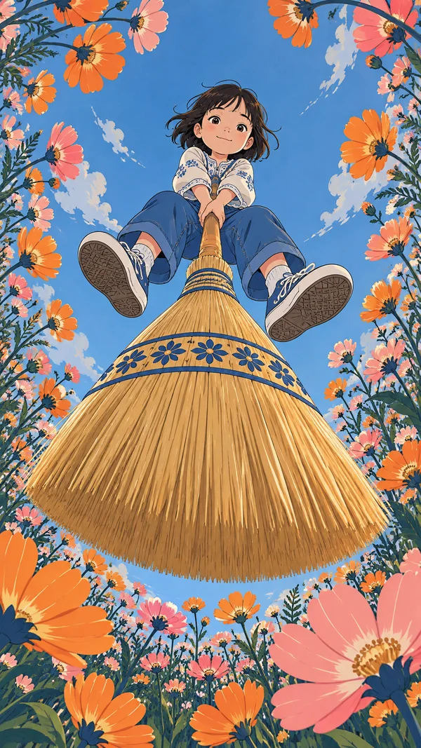 A child in a white embroidered blouse, blue trousers and sneakers sits astride a giant decorated straw broom, viewed from below against blue sky; orange and…