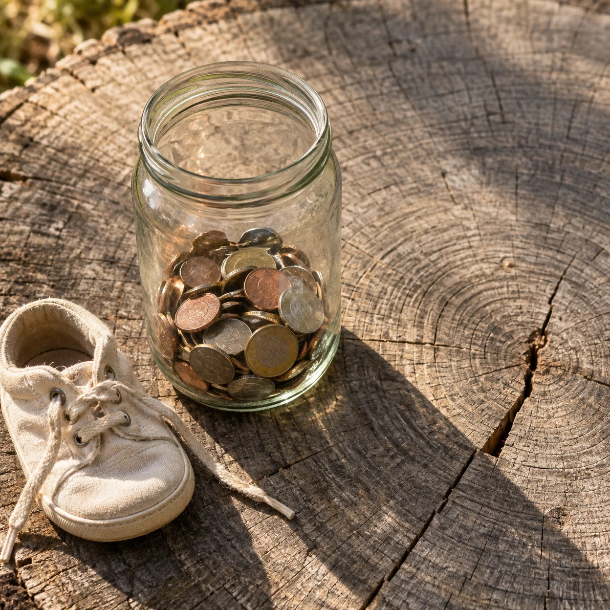 A clear glass jar partly filled with mixed coins and a cream canvas baby shoe with loose laces sit on a sunlit tree stump, with growth rings and a split in the…