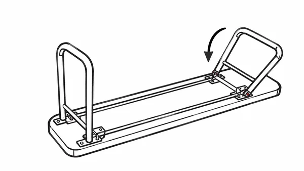 A black line illustration of a long, narrow bench-like platform viewed obliquely from above, with a tall loop-shaped frame at one end and another raised at an…