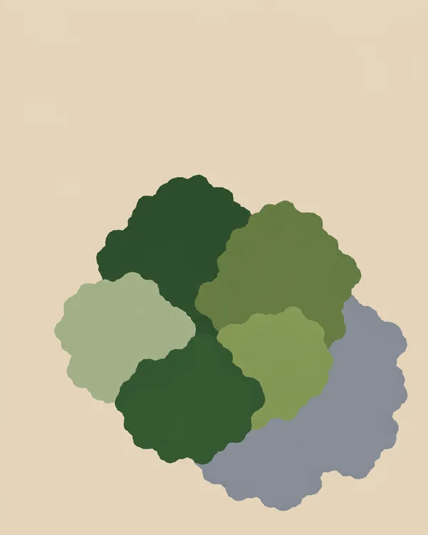 A five-part green tree canopy sits on a sand-coloured ground, with a large blue-grey shadow extending to the lower right.