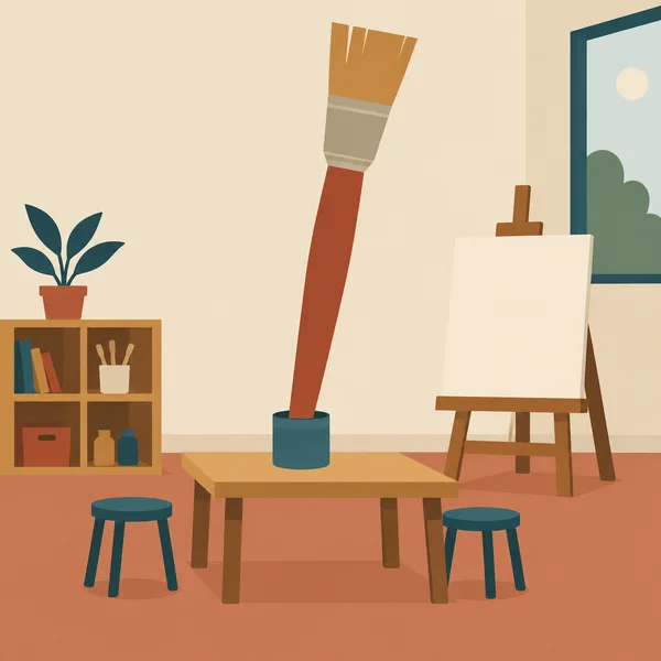 A geometric illustration of a classroom art corner, with an oversized terracotta-handled paintbrush standing in a teal pot on a low table beside a blank-canvas…