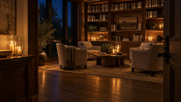 A warmly lit residents’ library at night, viewed through a doorway, with walnut bookshelves, three oatmeal-colored armchairs around a low round table, candles…