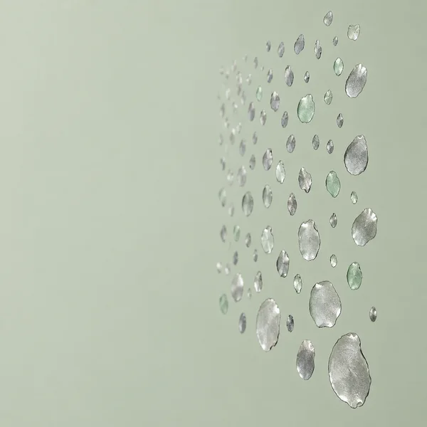 An oblique plane of silver-grey and pale green flecks hangs against a pale sage background, with larger pieces toward the right and open space on the left.