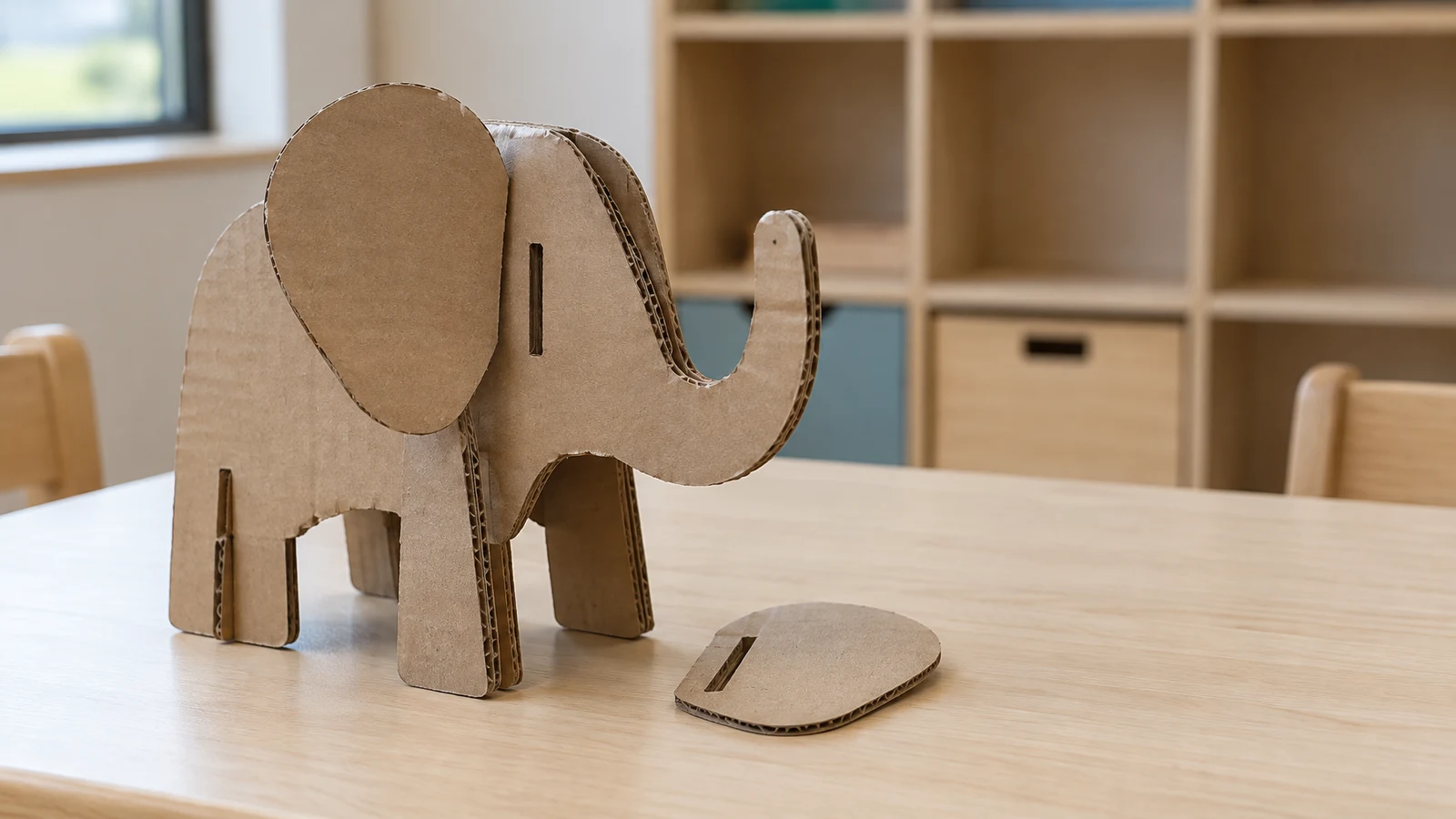 A handmade corrugated-cardboard elephant stands on slotted legs on a pale wooden table, with one broad ear attached and a matching loose ear lying beside it.