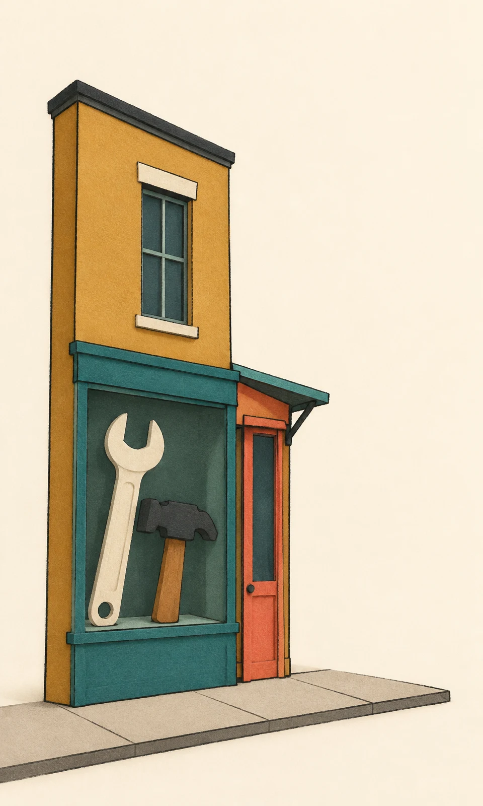 A narrow ochre hardware shop stands on a pavement against a warm cream background, with a broad teal display window holding an oversized ivory wrench and a…