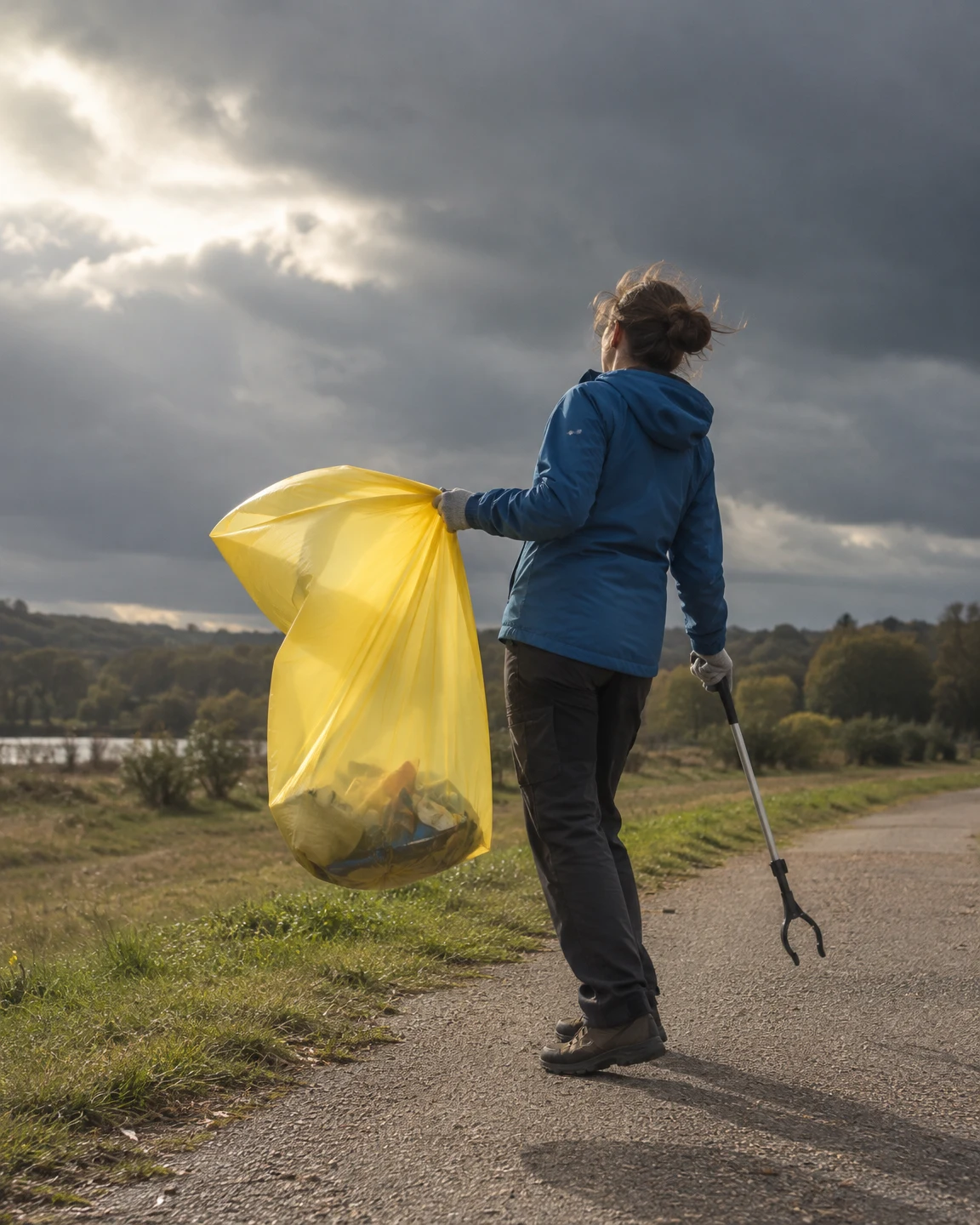 A volunteer in a blue jacket stands on a park path, holding a large yellow rubbish sack that billows in the wind while a litter grabber hangs from the other…