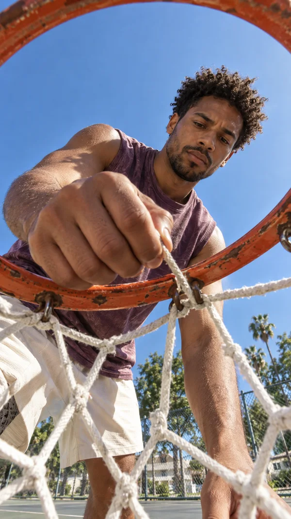A man in a plum sleeveless shirt and cream shorts leans over a weathered orange basketball rim, gripping a white net cord against a bright blue sky; a court…