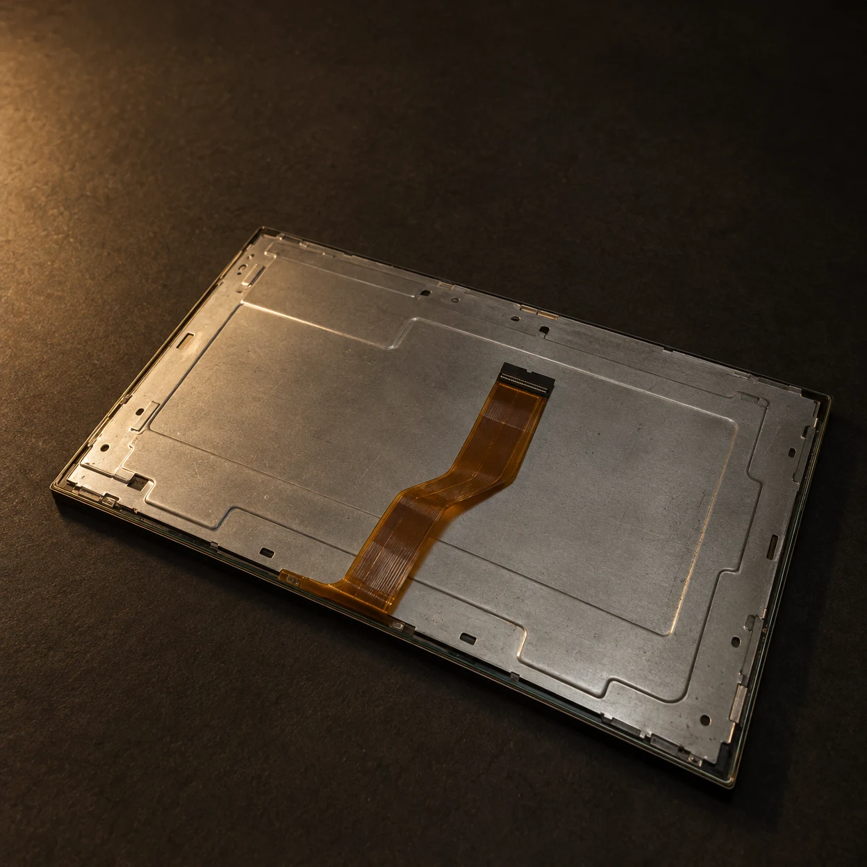 A rectangular electronic display panel lies face-down diagonally on a dark charcoal surface, showing a silver stamped metal backing, an amber flex ribbon…