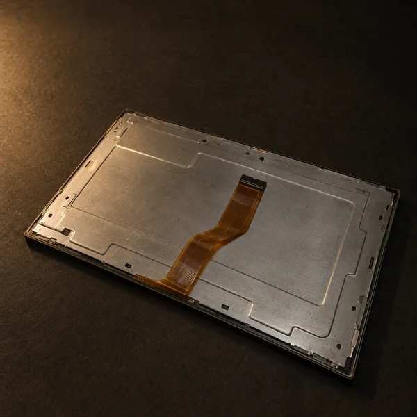 A rectangular electronic display panel lies face-down diagonally on a dark charcoal surface, showing a silver stamped metal backing, an amber flex ribbon…