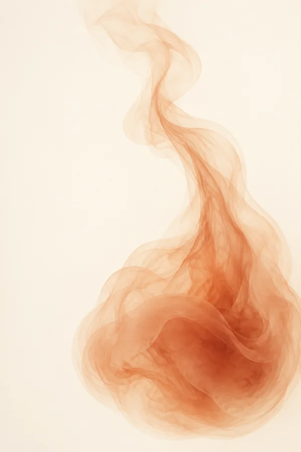 A translucent dusty-apricot smoke form gathers into a rounded terracotta-centered mass in the lower right, narrowing into a curling plume against a warm ivory…
