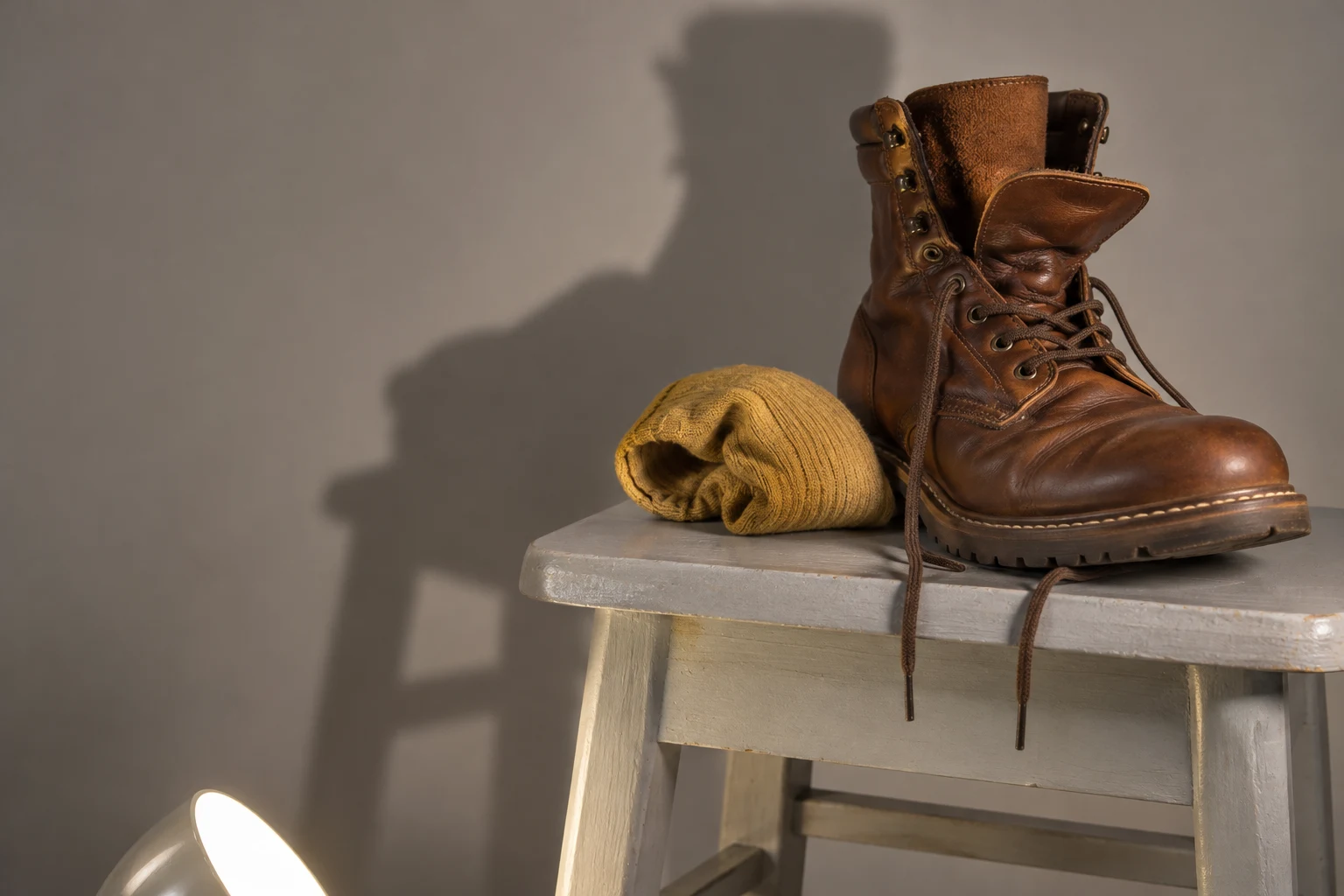 A brown leather work boot with its tongue pulled forward sits on a pale wooden stool beside a rolled mustard sock.