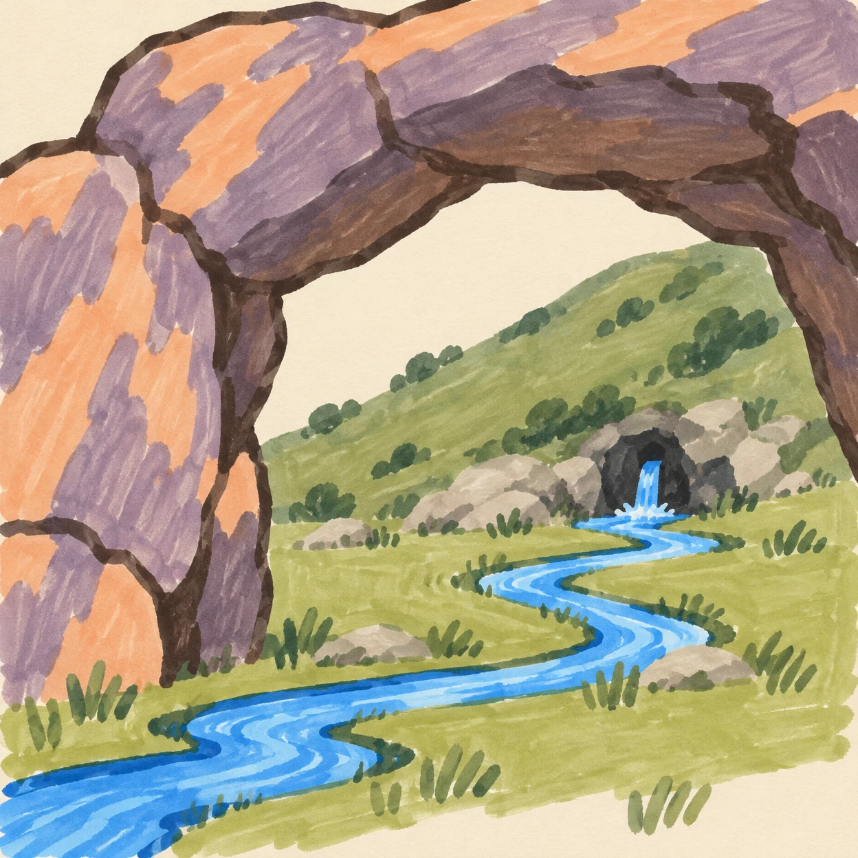 A blue spring flows from a dark notch at the foot of a green hillside, winding across the foreground beneath a large peach-and-lavender stone arch.