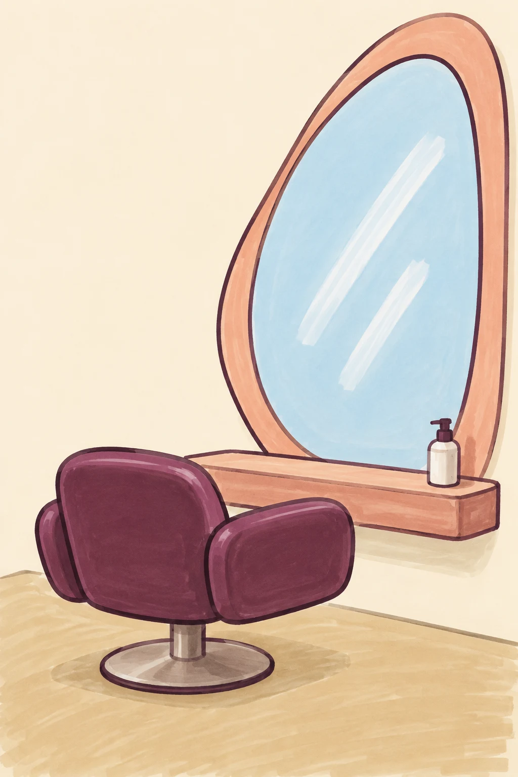 A plum salon chair with chunky rounded arms sits before a peach-framed oval mirror and a narrow vanity counter in a warm ivory studio.