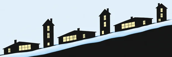 Six matte-black house silhouettes, alternating between tall narrow and low wide forms, line a steep snowy slope beneath a pale blue sky; warm yellow windows…