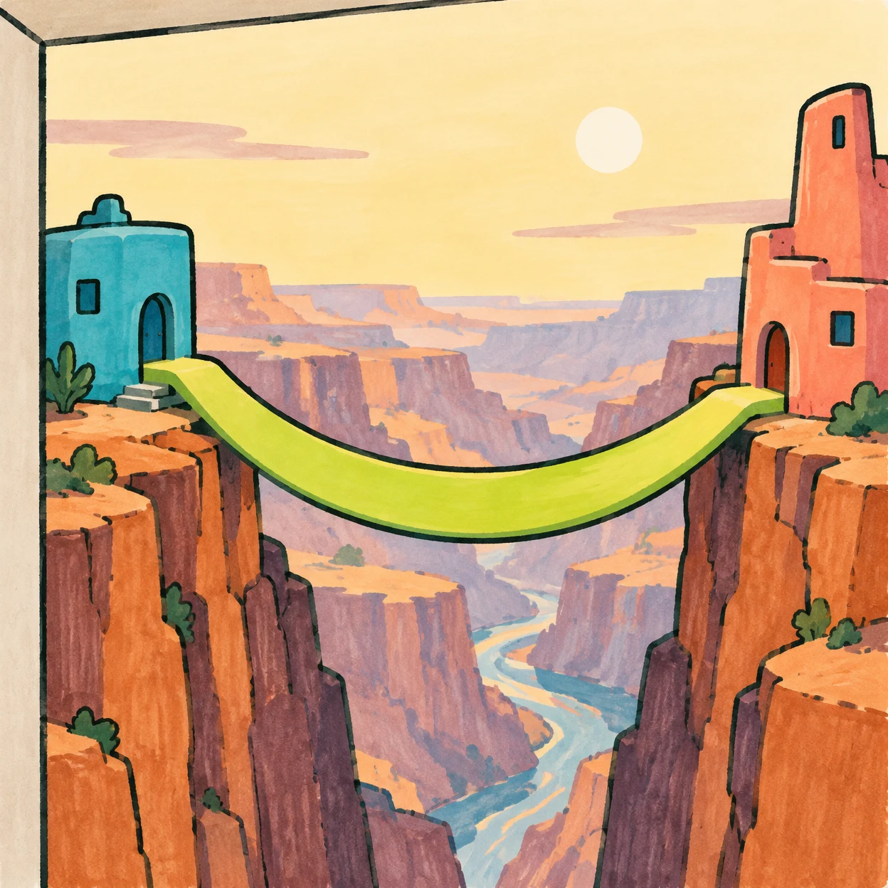 A broad lime-green footbridge dips between a cyan dwelling on the left cliff and a coral dwelling on the right, viewed through a dark-outlined window over a…