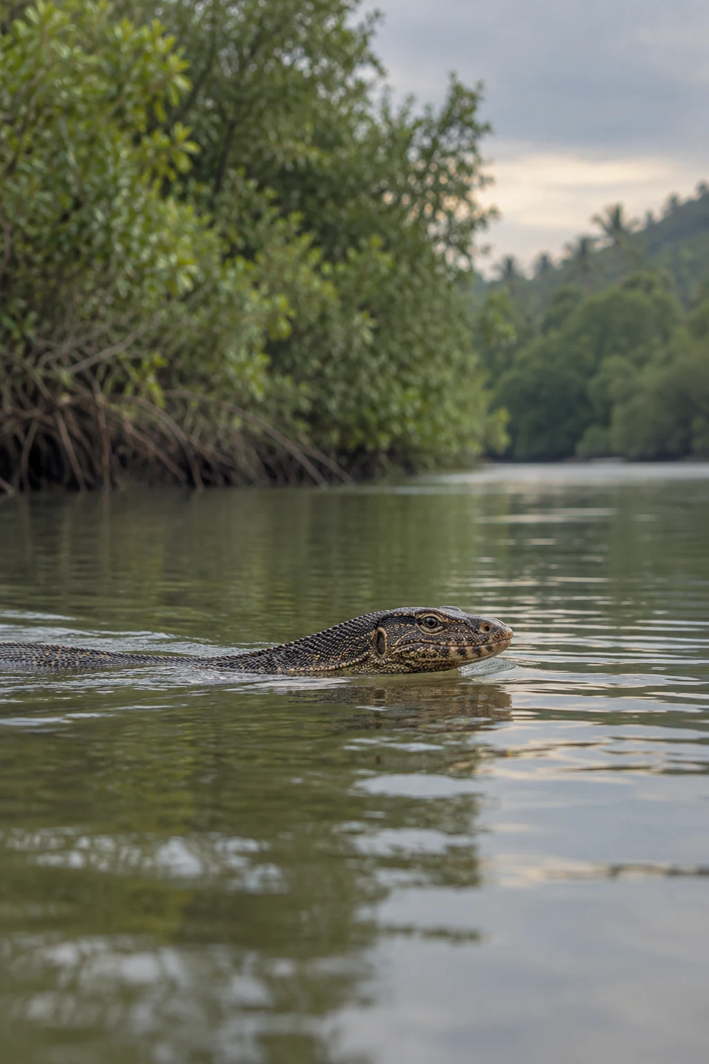 A water monitor swims from left to right across a calm tropical river, its scaled head and long back visible above the water.