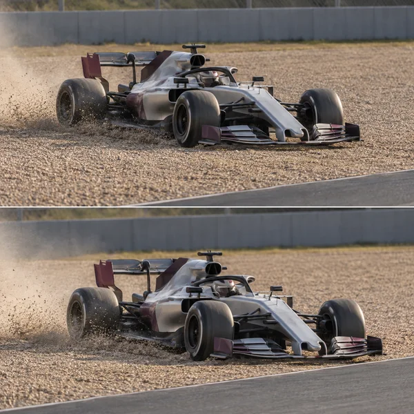 Two stacked photographs show a pearl-grey and muted-plum single-seat race car moving across gravel beside an asphalt track, scattering stones and trailing dust…