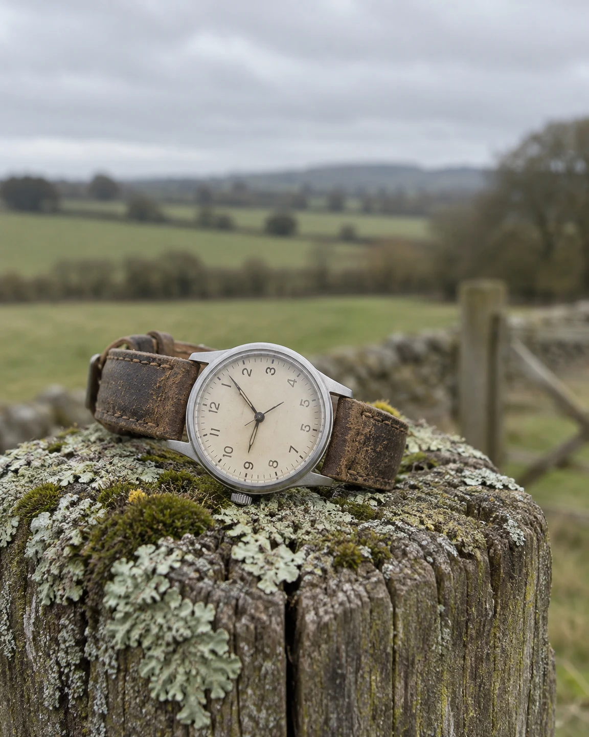 A steel field watch with a cream numbered dial and worn brown leather strap rests across the lichen- and moss-covered top of a weathered fence post, with a…