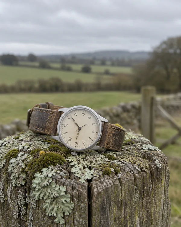 A steel field watch with a cream numbered dial and worn brown leather strap rests across the lichen- and moss-covered top of a weathered fence post, with a…
