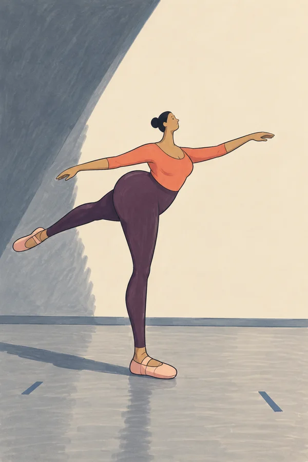 A stylized adult dancer in a coral top, plum leggings and soft pink slippers balances on one leg in a bare studio, extending the other behind and reaching both…