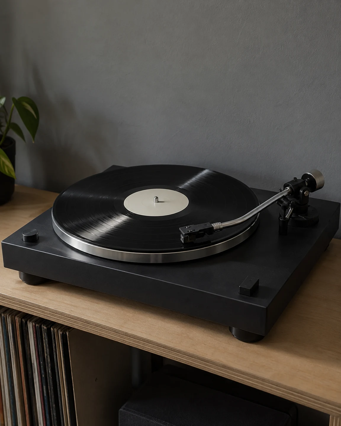 A charcoal turntable with a black vinyl record and blank cream centre label sits on a plywood shelf against a grey wall; a silver tonearm rests over the…