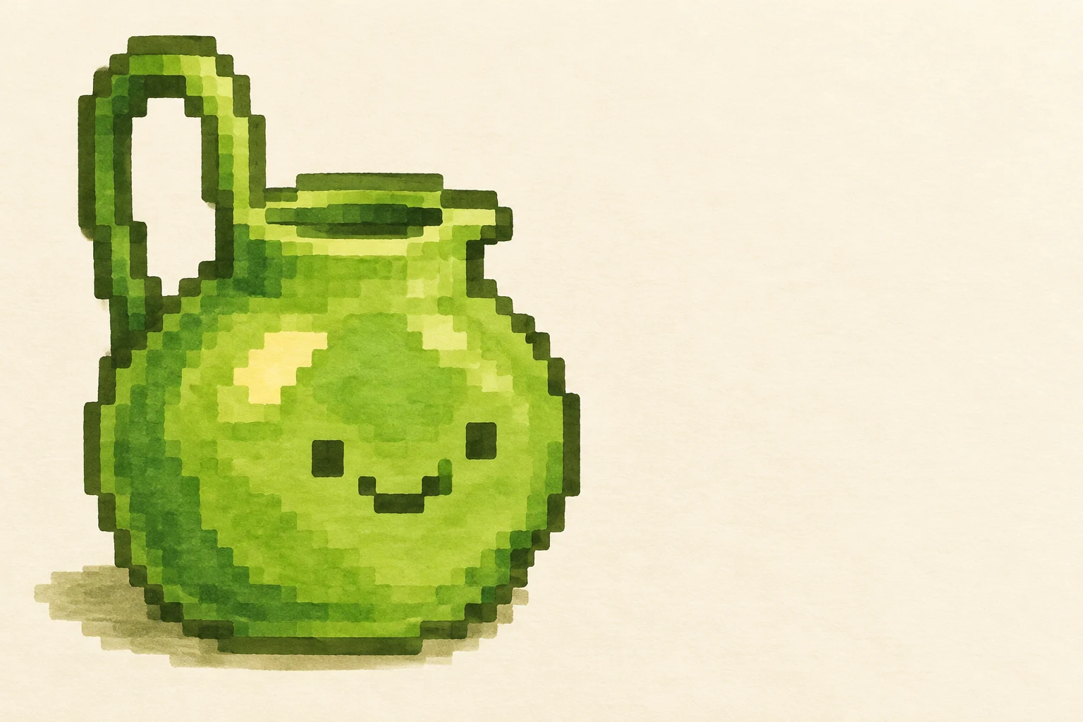 A cheerful, chunky pixel-edged green jug with a tall loop handle, small square eyes and a stepped smile sits on warm cream paper, with open space to the right.