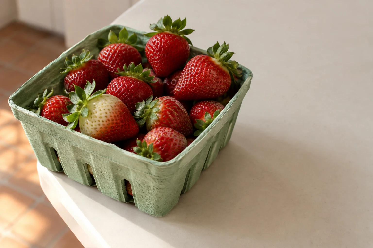 A pale-green molded-pulp punnet packed with red strawberries sits on the left side of an ivory tabletop, with a large creamy-white strawberry prominent near…