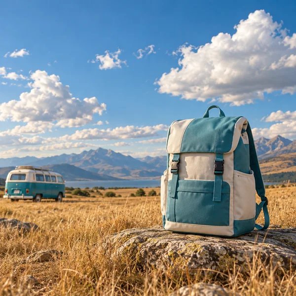 A large turquoise-and-off-white backpack with front buckles and pockets stands on a flat rock in dry golden grass.
