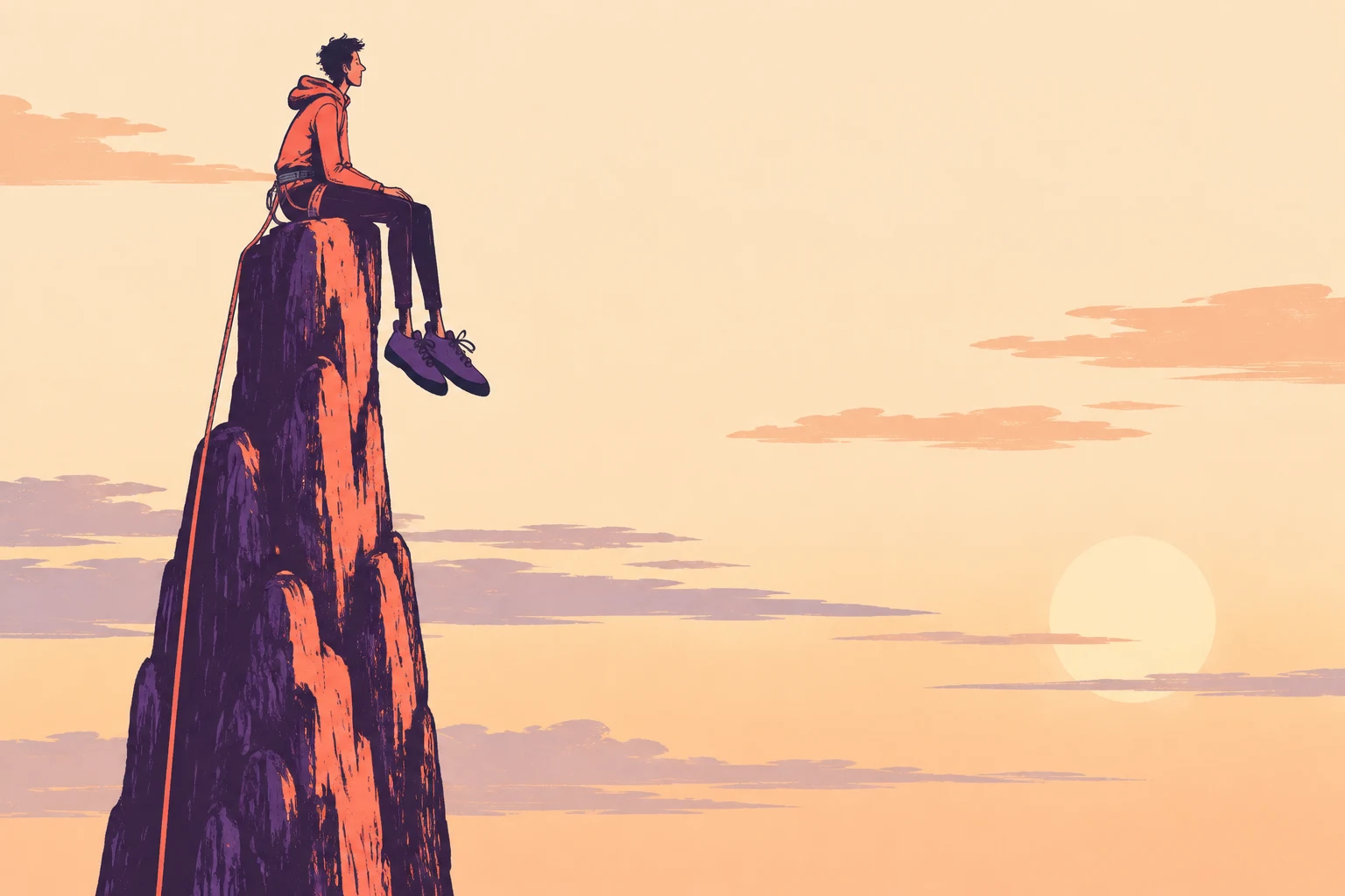 A lanky climber in a coral jacket sits sideways atop a tall deep-purple rock pinnacle, with long legs and purple climbing shoes dangling over the edge.
