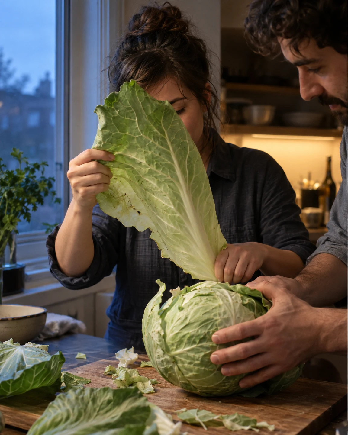Two adults work together at a wooden kitchen counter, peeling a large green cabbage beside a blue-hour window; a broad outer leaf partly covers the central…