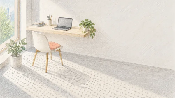 A colored-pencil illustration of a pale wood floating desk and open laptop beside a cream chair with a coral cushion.
