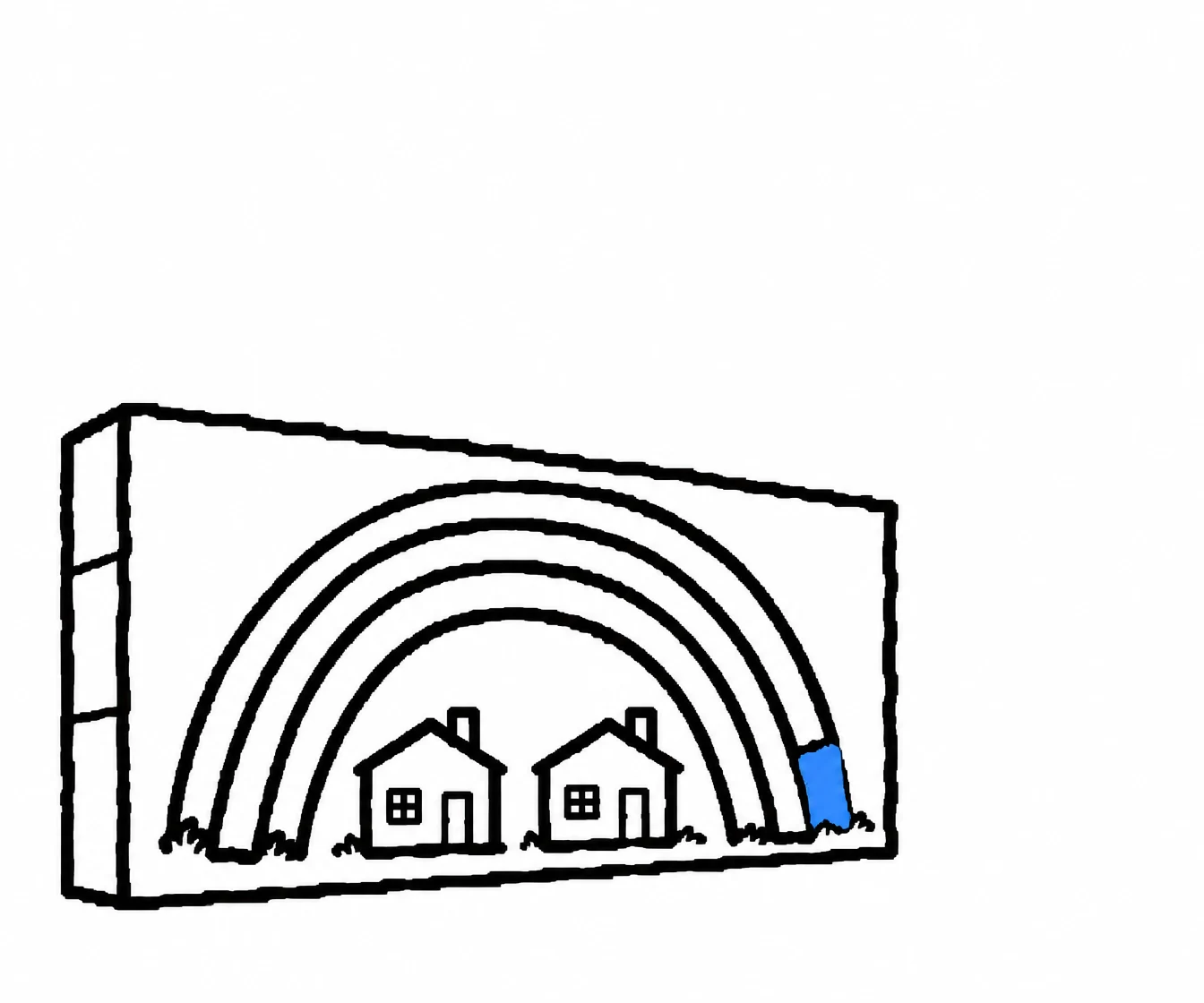 A black-and-white marker-style mural on a squat, angled wall shows a large rainbow arch over two small houses, with a bright blue segment at the arch’s right…