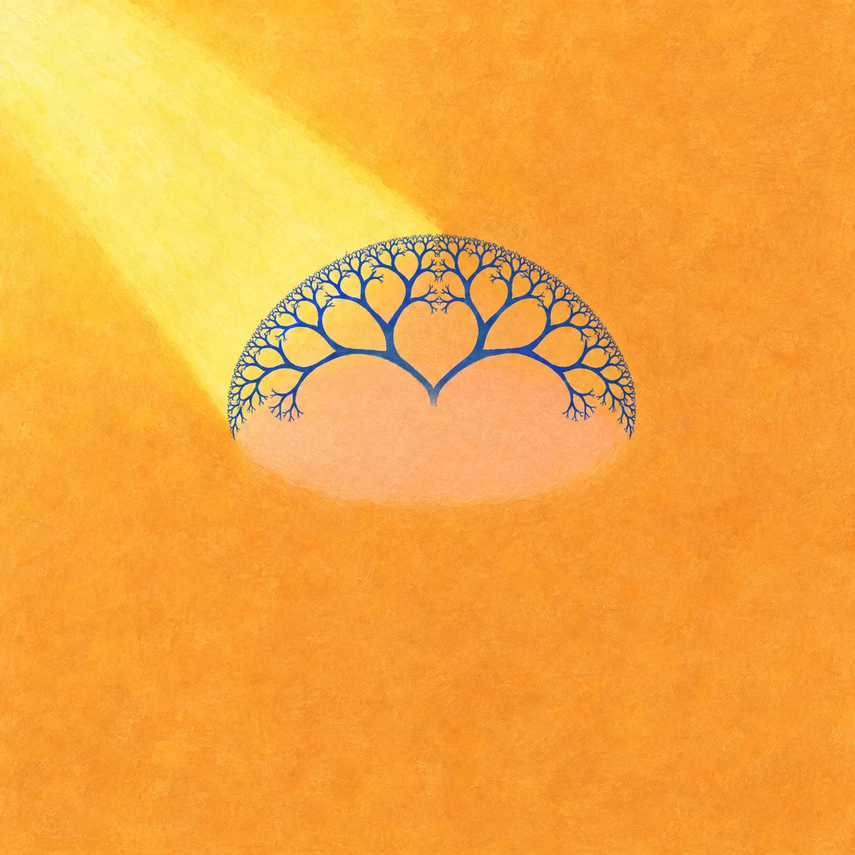 A blue branching canopy forms a shallow dome over a peach-colored pocket on a textured orange field, with a broad pale-yellow diagonal wash entering from the…