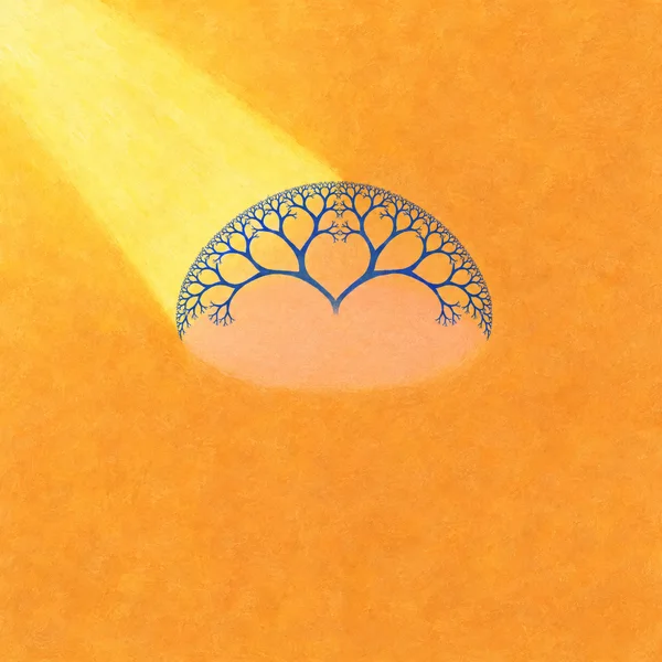 A blue branching canopy forms a shallow dome over a peach-colored pocket on a textured orange field, with a broad pale-yellow diagonal wash entering from the…