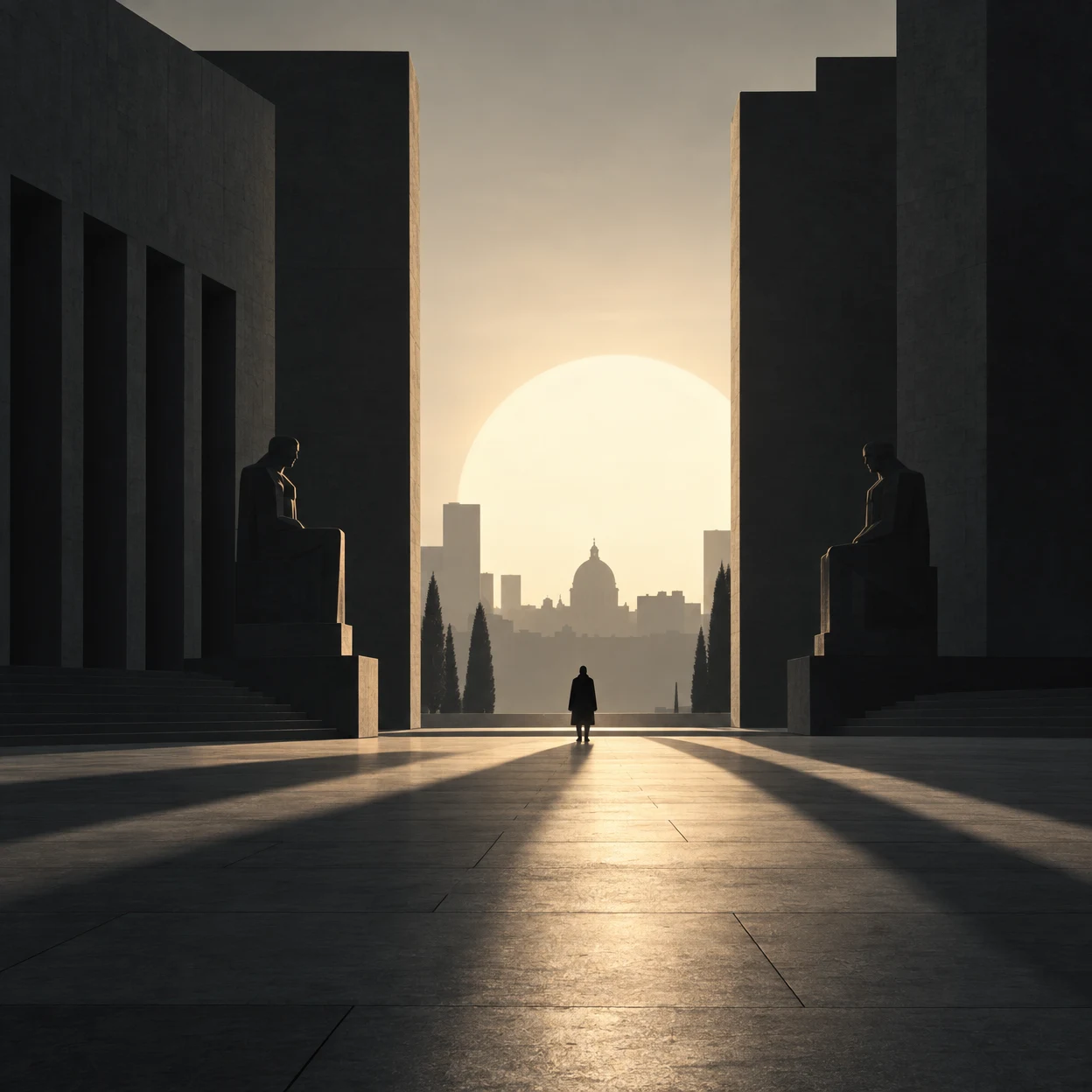 A dark architectural plaza frames a bright central opening, where a low sun glows behind a distant skyline.