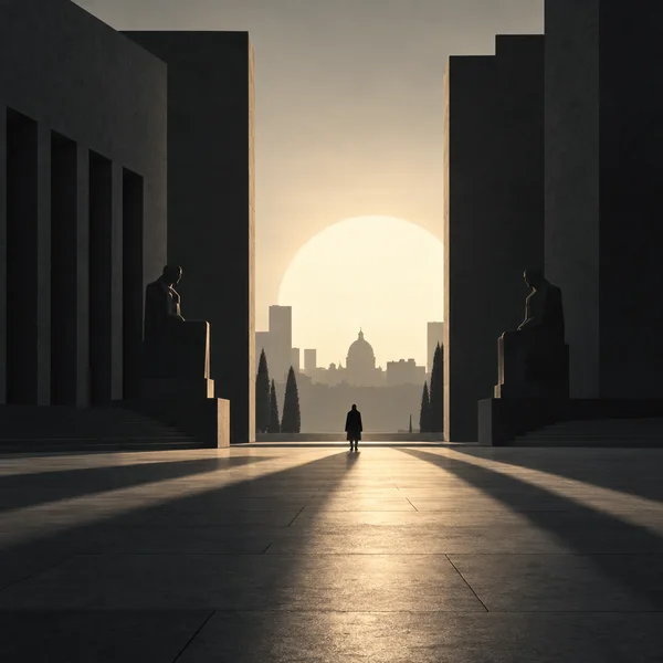 A dark architectural plaza frames a bright central opening, where a low sun glows behind a distant skyline.