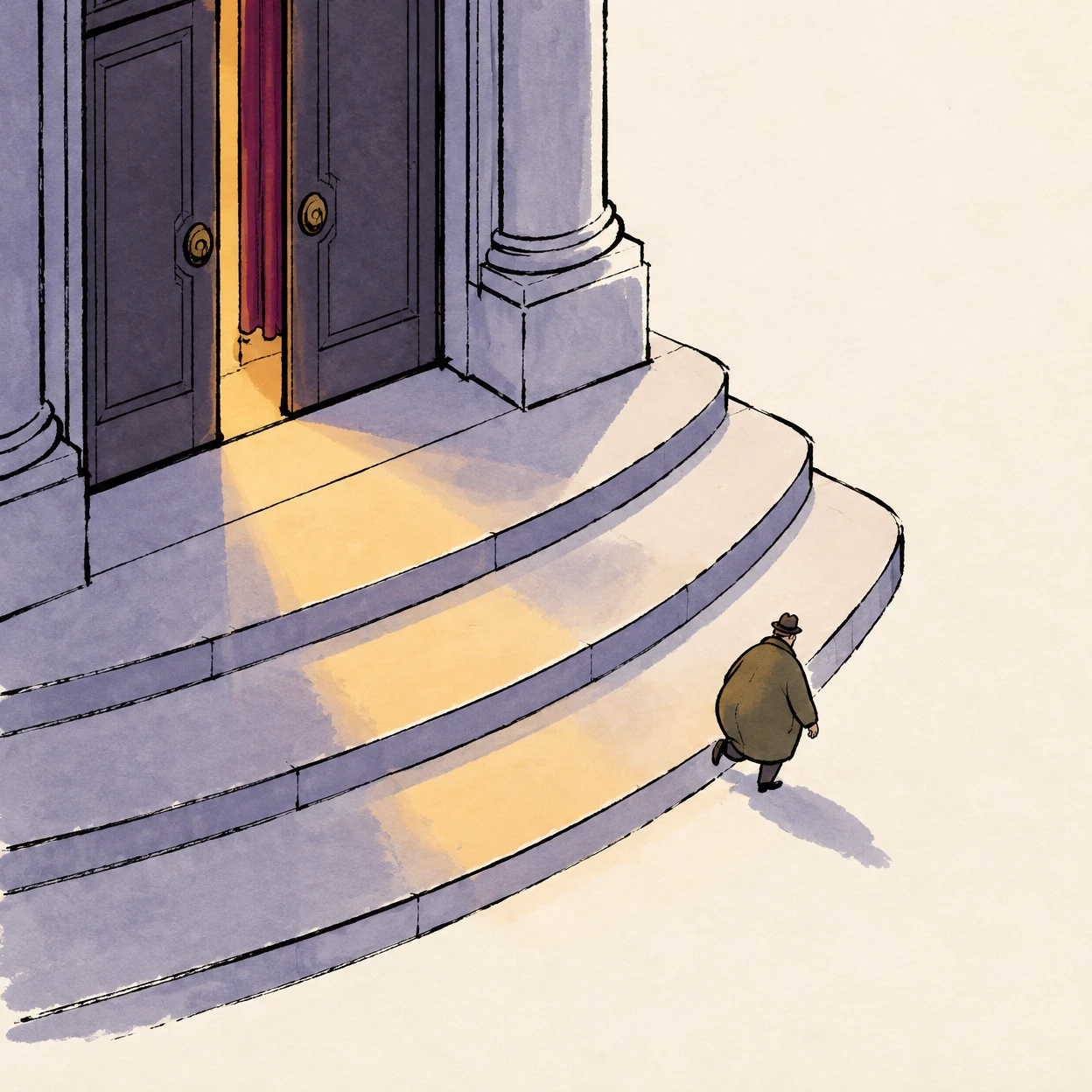 An ink-line illustration shows a small coat-wearing guest walking away from an amber-lit theatre entrance, down broad curved lavender-shadowed steps, with open…