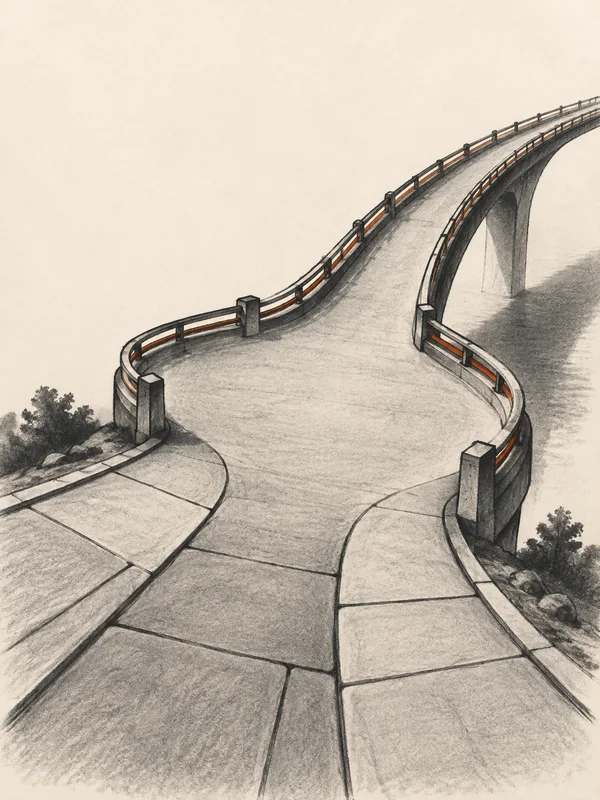 A hand-drawn charcoal illustration of two paved footpaths merging into a broad rounded landing and curving upward as an elevated pedestrian bridge, with simple…